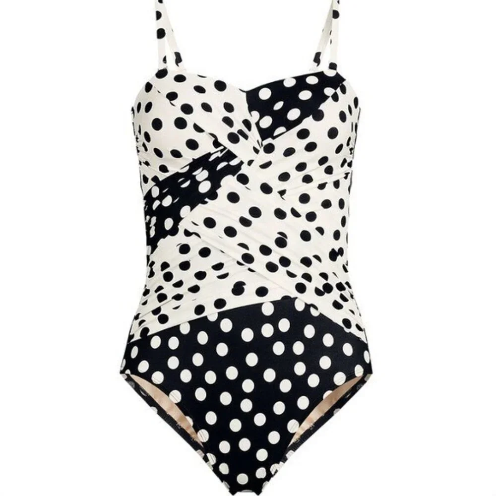 LANDS END SlenderSuit Wrap Bandeau One Piece Polka Dot Strapless Swimsuit